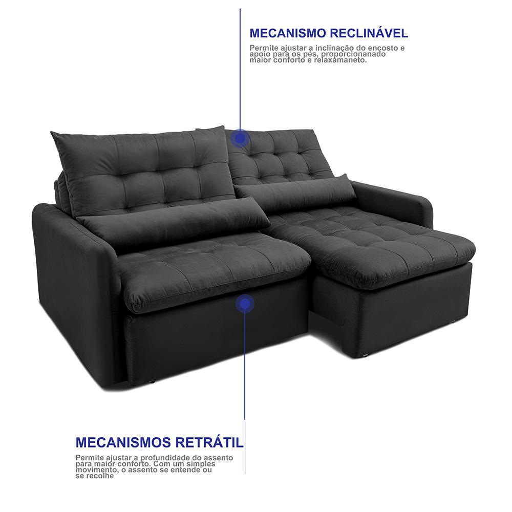 Sofá Sem Caixa Retrátil 2,00m SoftGel Celeste Velusoft Preto Cama inBox