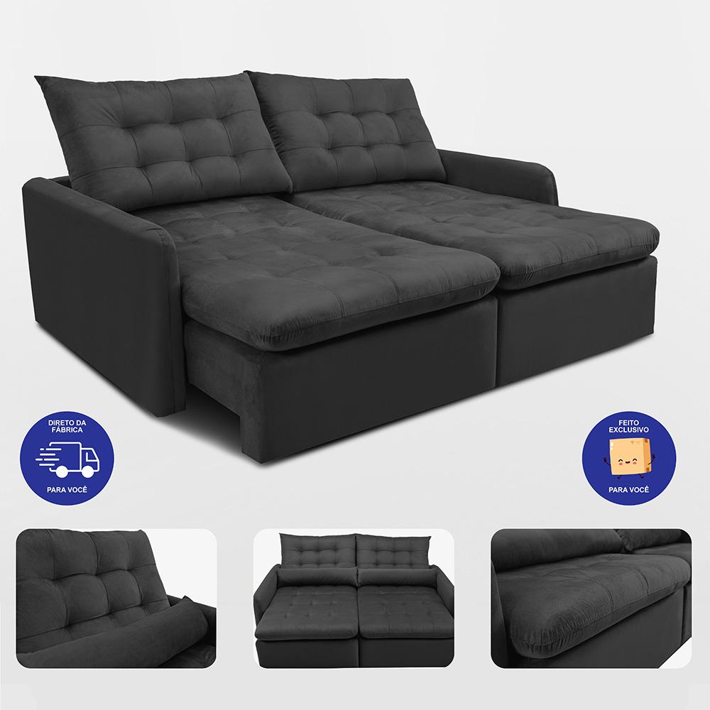 Sofá Sem Caixa Retrátil 2,00m SoftGel Celeste Velusoft Preto Cama inBox