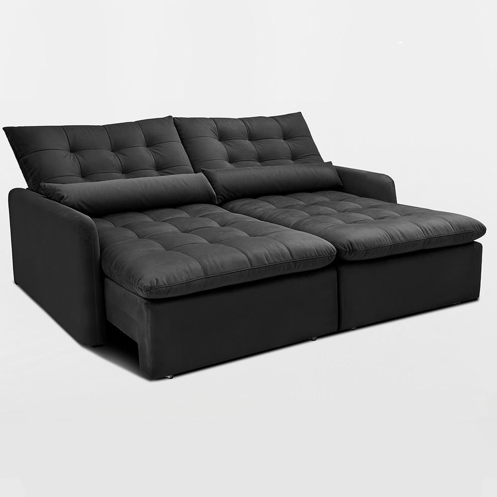 Sofá Sem Caixa Retrátil 2,00m SoftGel Celeste Velusoft Preto Cama inBox