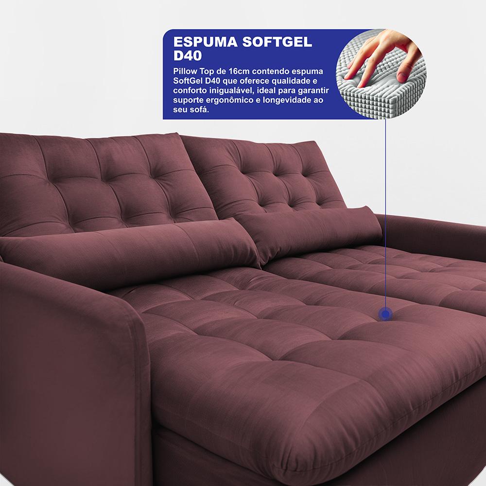 Sofá Sem Caixa Retrátil 2,00m SoftGel Celeste Velusoft Vinho Cama inBox