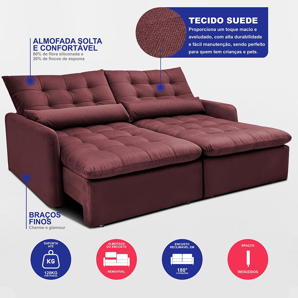 Sofá Sem Caixa Retrátil 2,00m SoftGel Celeste Velusoft Vinho Cama inBox