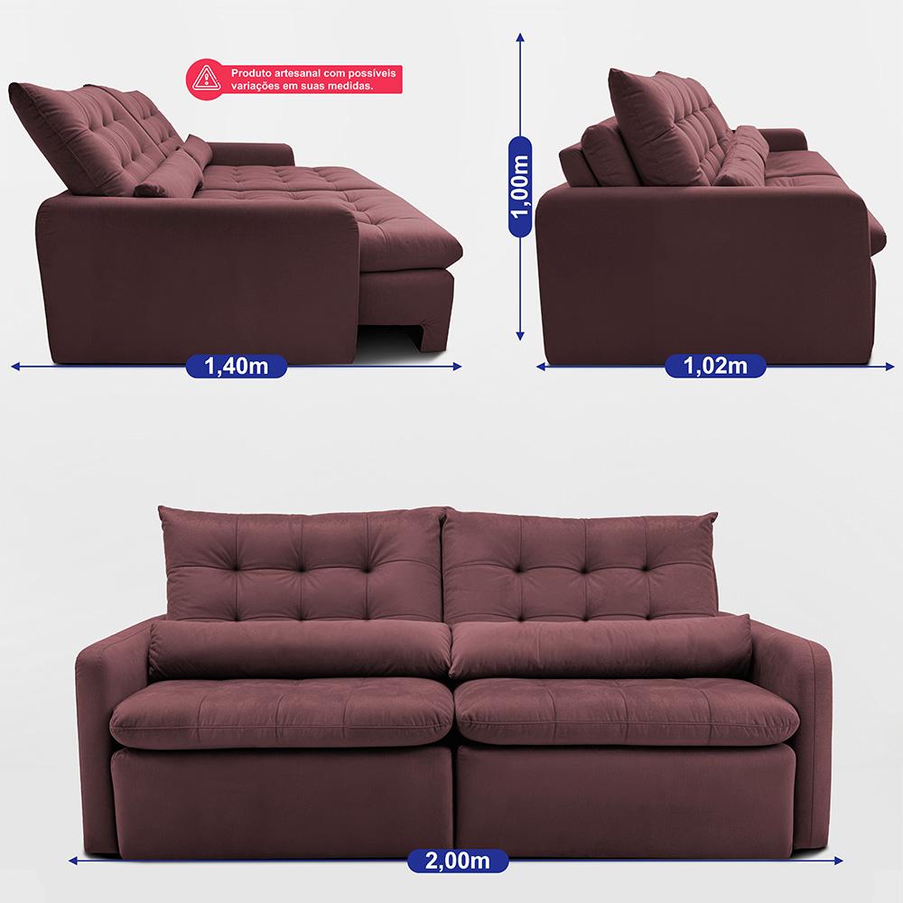 Sofá Sem Caixa Retrátil 2,00m SoftGel Celeste Velusoft Vinho Cama inBox