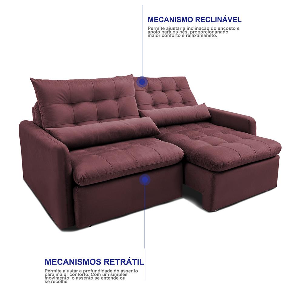 Sofá Sem Caixa Retrátil 2,00m SoftGel Celeste Velusoft Vinho Cama inBox