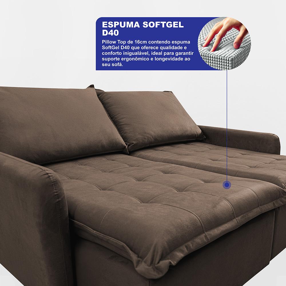 Sofá Sem Caixa Retrátil 2,00m SoftGel Luna Velusoft Café Cama inBox