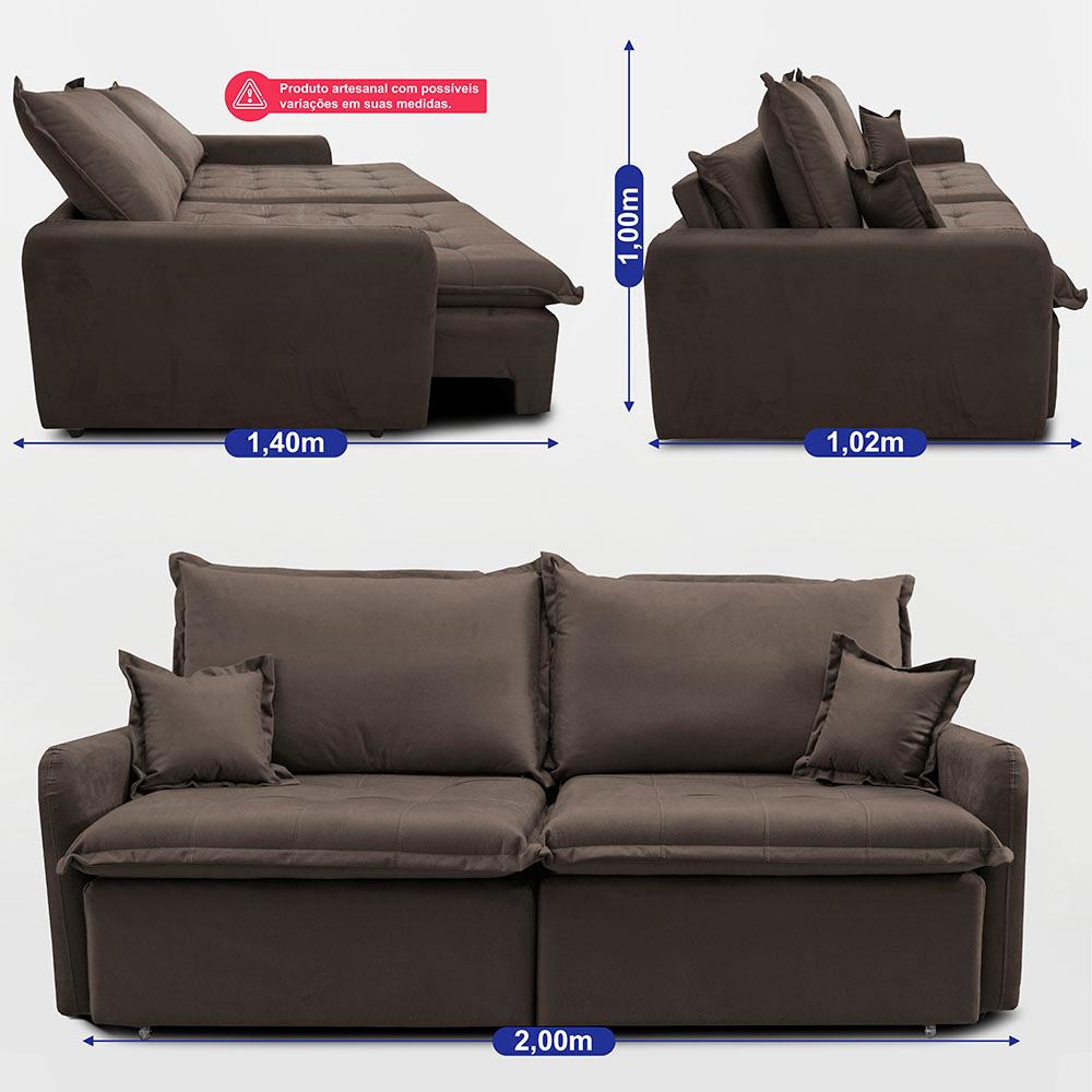 Sofá Sem Caixa Retrátil 2,00m SoftGel Luna Velusoft Café Cama inBox