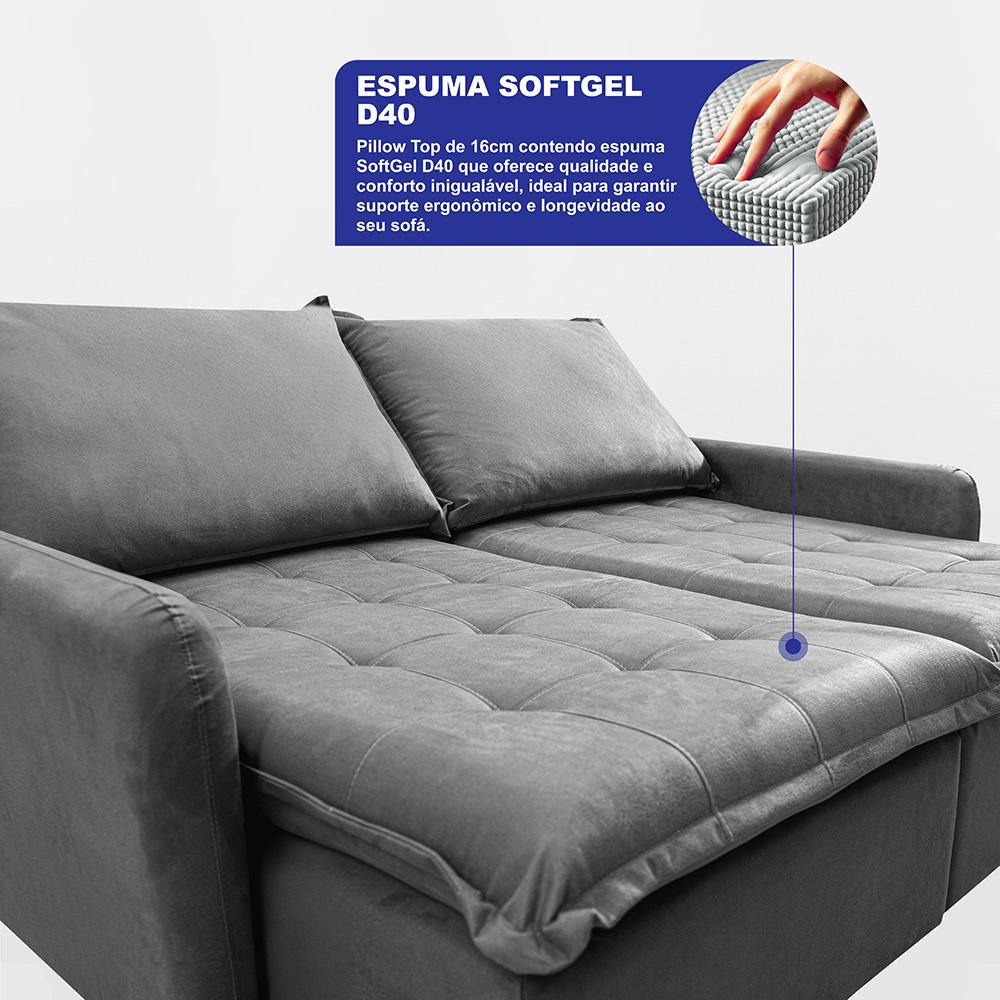 Sofá Sem Caixa Retrátil 2,00m SoftGel Luna Velusoft Cinza Cama inBox