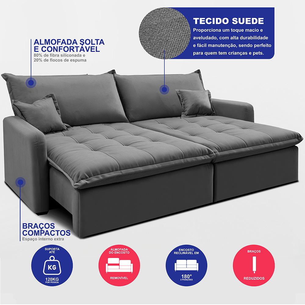 Sofá Sem Caixa Retrátil 2,00m SoftGel Luna Velusoft Cinza Cama inBox
