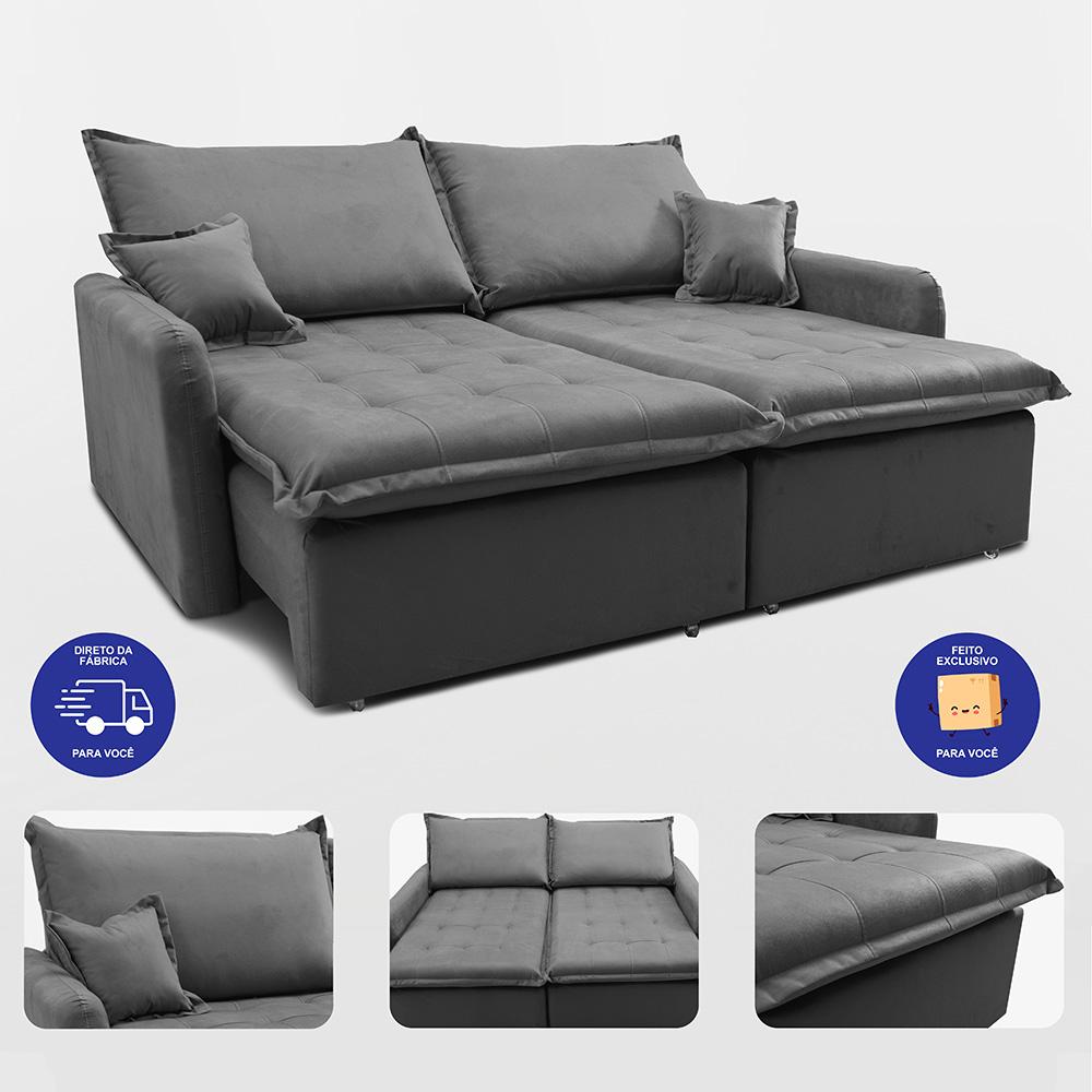 Sofá Sem Caixa Retrátil 2,00m SoftGel Luna Velusoft Cinza Cama inBox