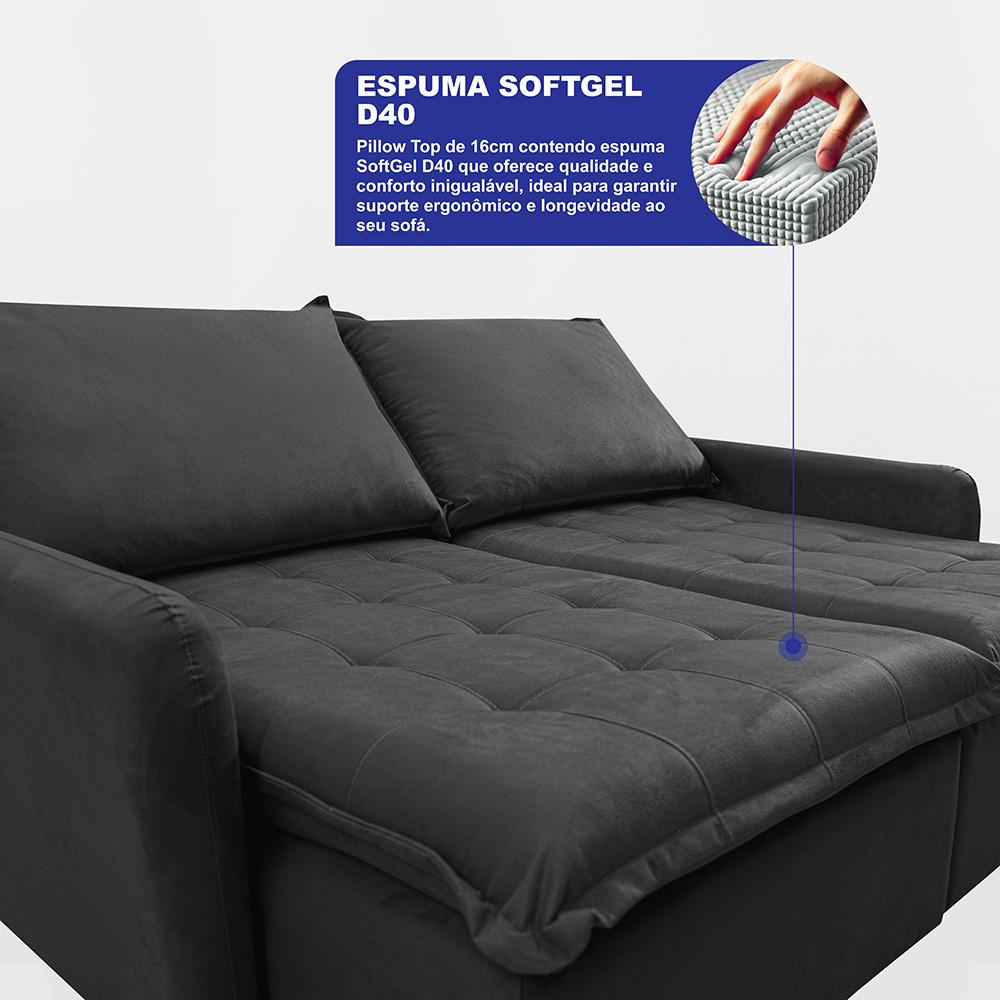 Sofá Sem Caixa Retrátil 2,00m SoftGel Luna Velusoft Preto Cama inBox