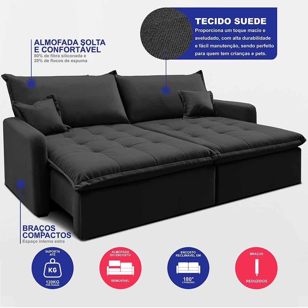 Sofá Sem Caixa Retrátil 2,00m SoftGel Luna Velusoft Preto Cama inBox