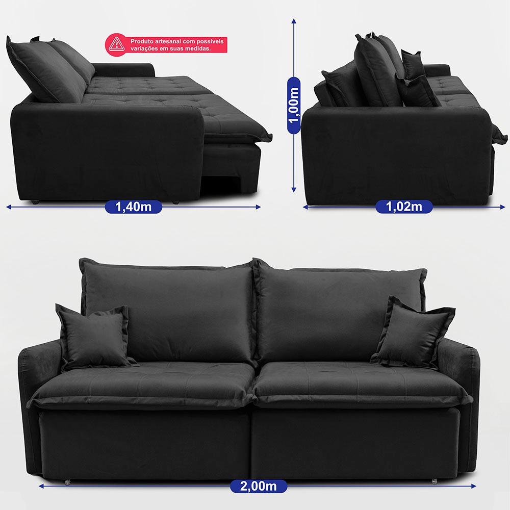 Sofá Sem Caixa Retrátil 2,00m SoftGel Luna Velusoft Preto Cama inBox