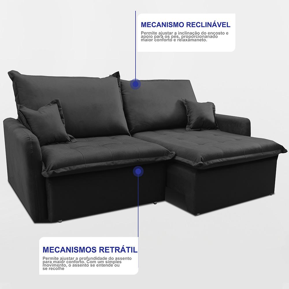 Sofá Sem Caixa Retrátil 2,00m SoftGel Luna Velusoft Preto Cama inBox