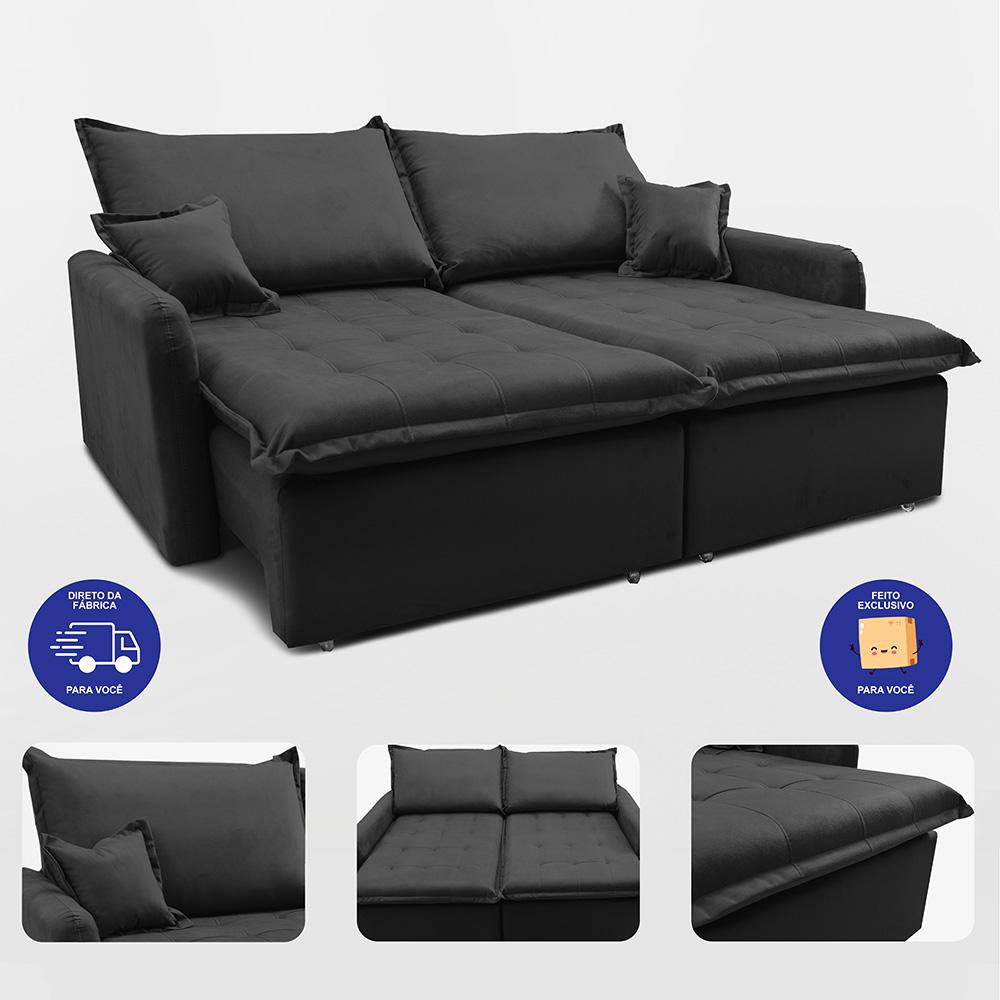 Sofá Sem Caixa Retrátil 2,00m SoftGel Luna Velusoft Preto Cama inBox