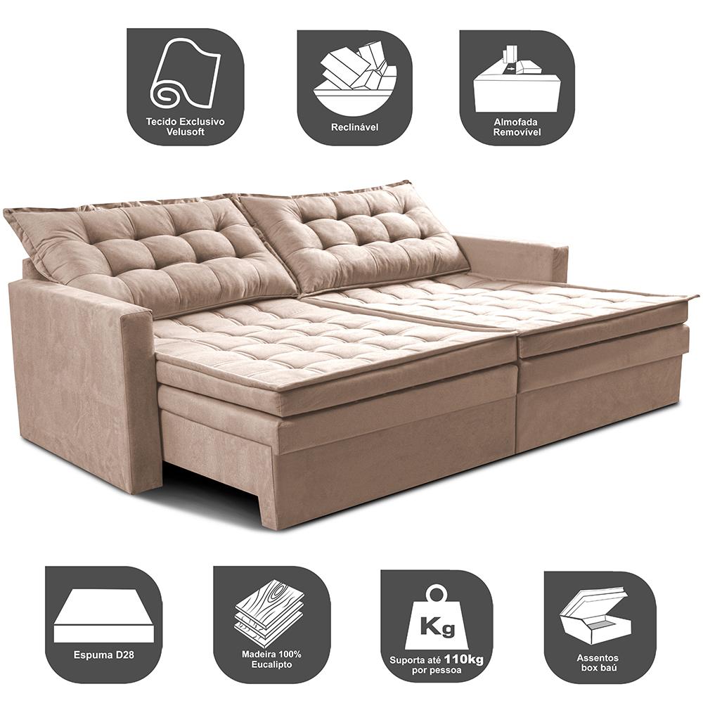 Sofá Sem Caixa Retrátil Baú 1,60m Cama inBox Secret Suede Velusoft Bege 