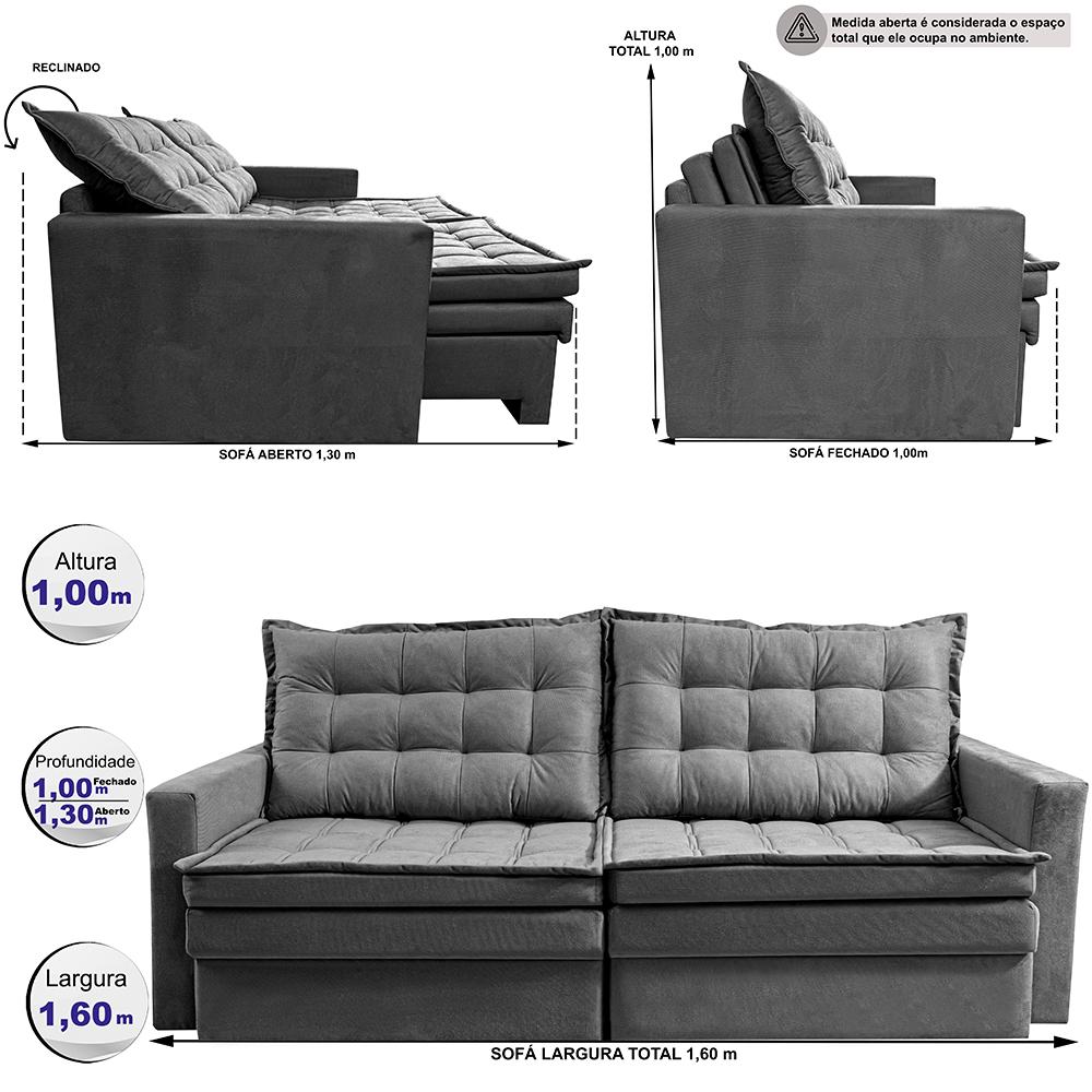Sofá Sem Caixa Retrátil Baú 1,60m Cama inBox Secret Suede Velusoft Cinza 