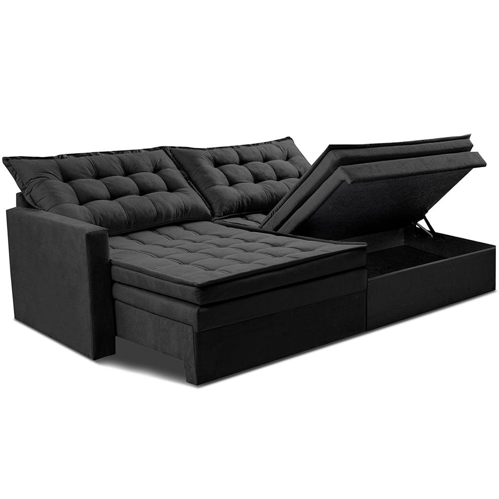 Sofá Sem Caixa Retrátil Baú 1,60m Cama inBox Secret Suede Velusoft Preto 
