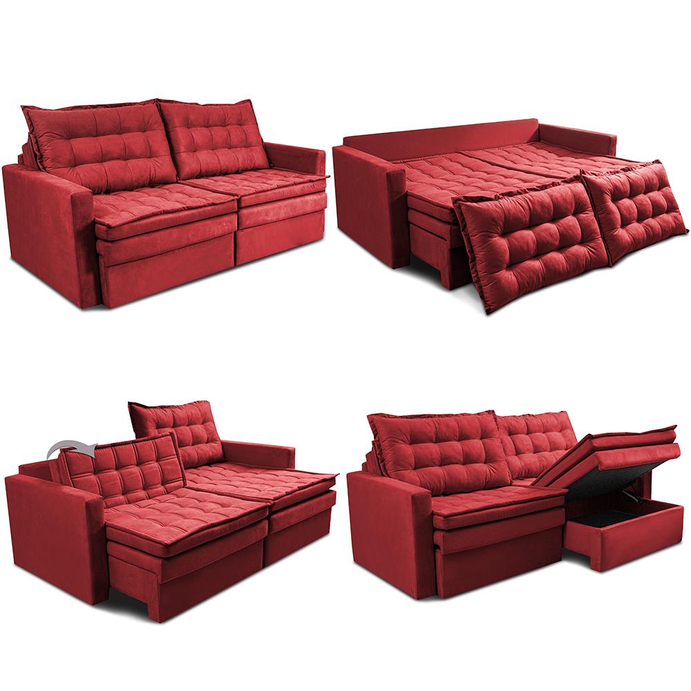 Sofá Sem Caixa Retrátil Baú 1,60m Cama inBox Secret Suede Velusoft Vermelho