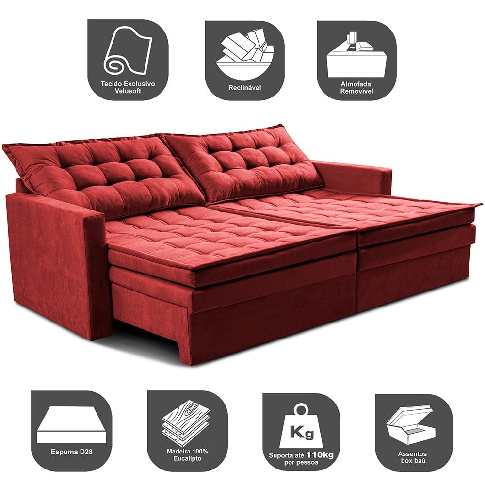 Sofá Sem Caixa Retrátil Baú 1,60m Cama inBox Secret Suede Velusoft Vermelho