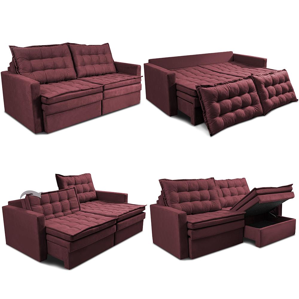 Sofá Sem Caixa Retrátil Baú 1,60m Cama inBox Secret Suede Velusoft Vinho 