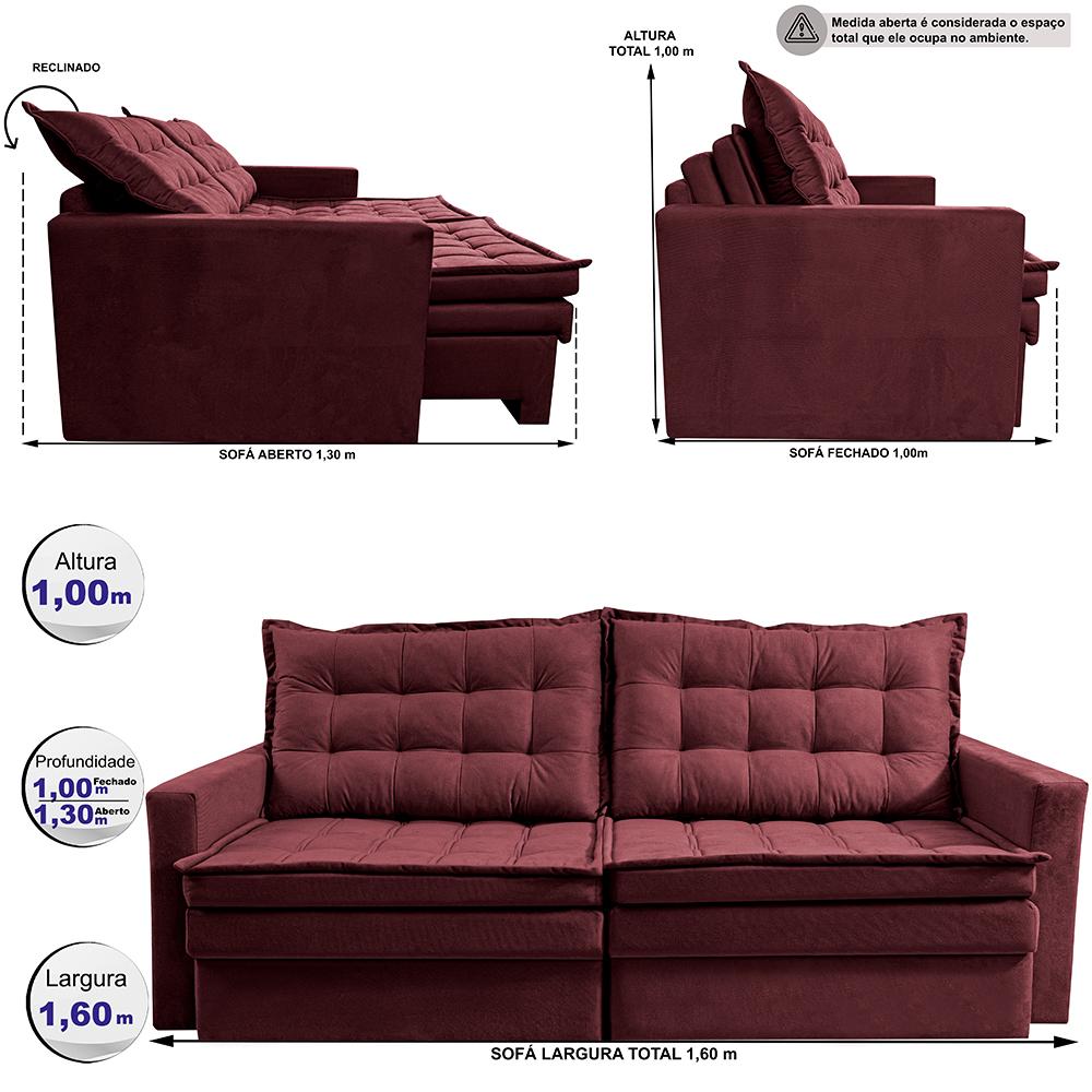 Sofá Sem Caixa Retrátil Baú 1,60m Cama inBox Secret Suede Velusoft Vinho 