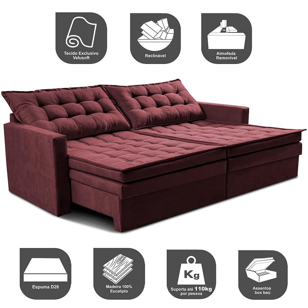 Sofá Sem Caixa Retrátil Baú 1,60m Cama inBox Secret Suede Velusoft Vinho 