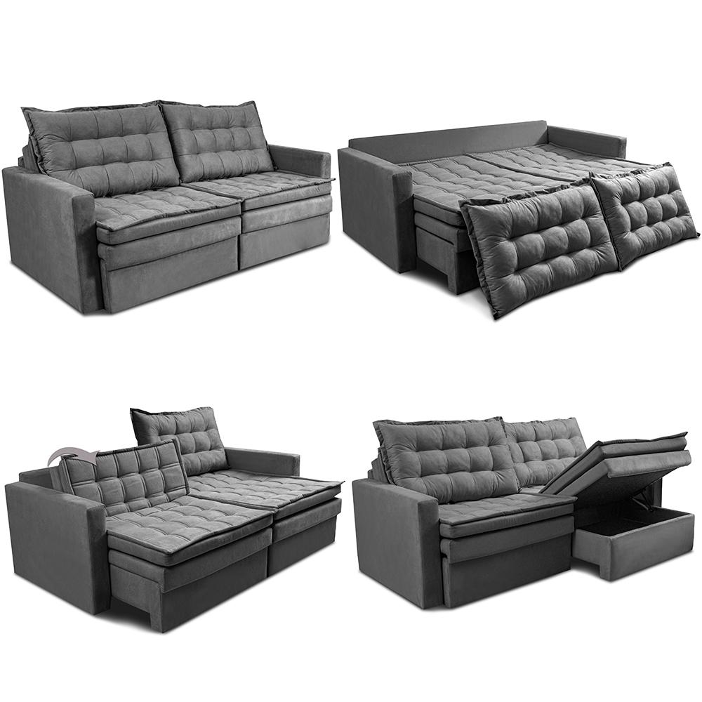 Sofá Sem Caixa Retrátil Baú 1,80m Cama inBox Secret Suede Velusoft Cinza 