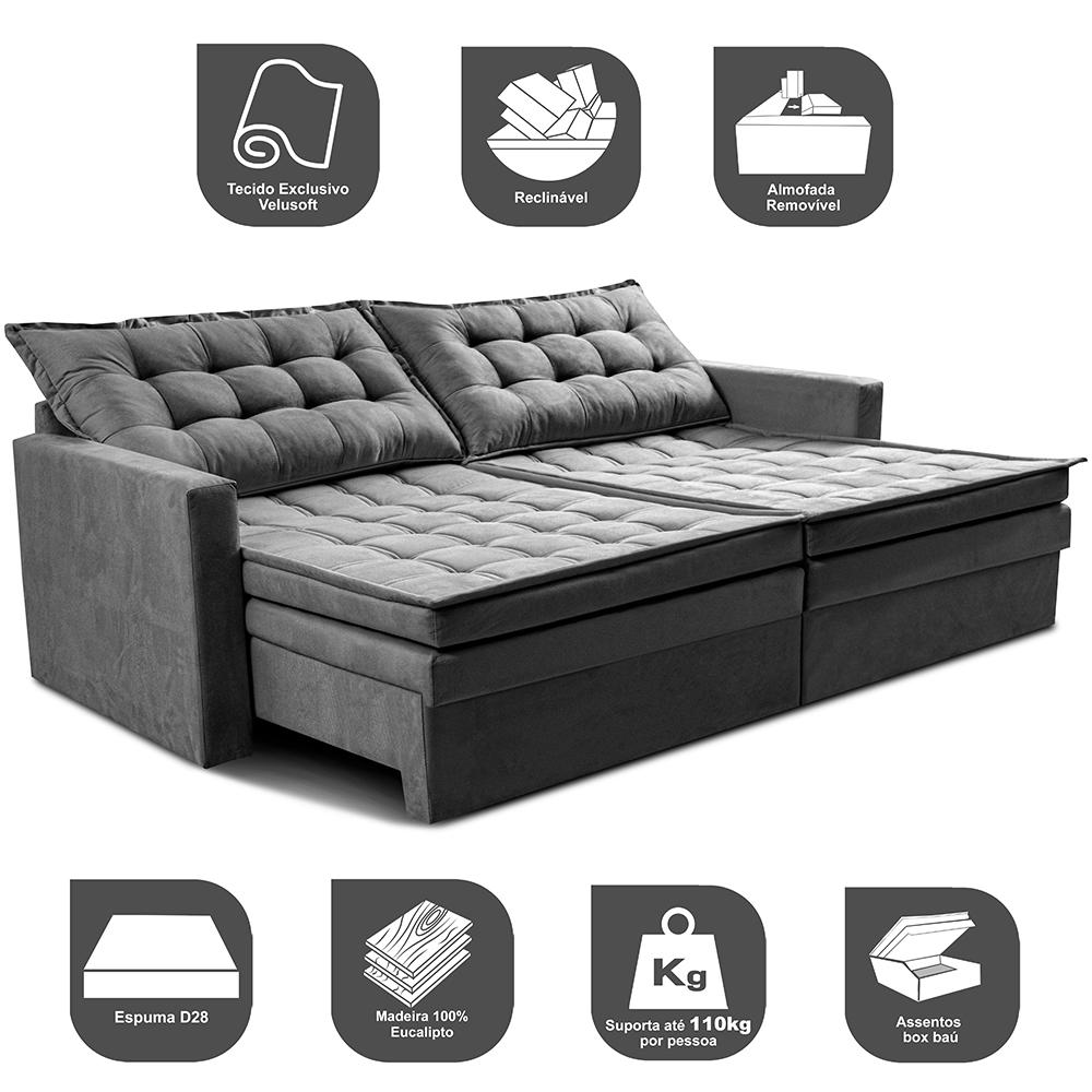 Sofá Sem Caixa Retrátil Baú 1,80m Cama inBox Secret Suede Velusoft Cinza 