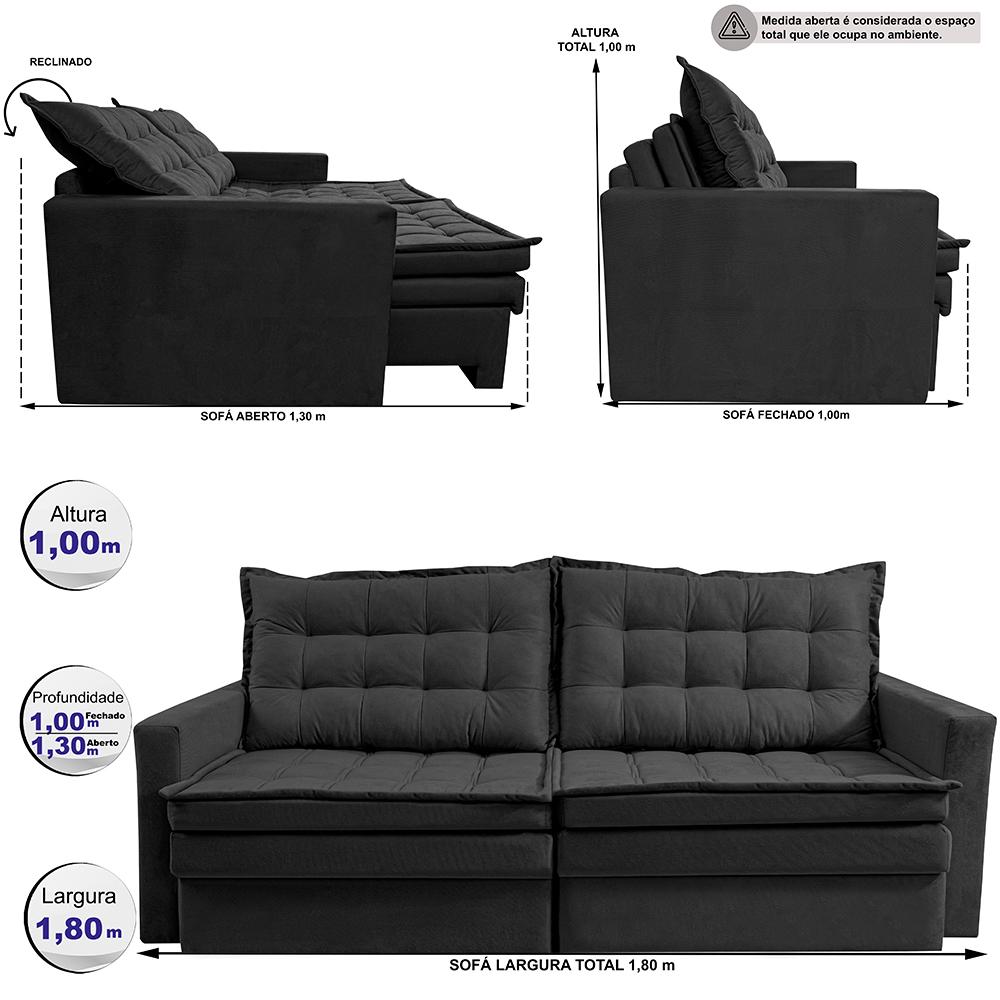 Sofá Sem Caixa Retrátil Baú 1,80m Cama inBox Secret Suede Velusoft Preto 