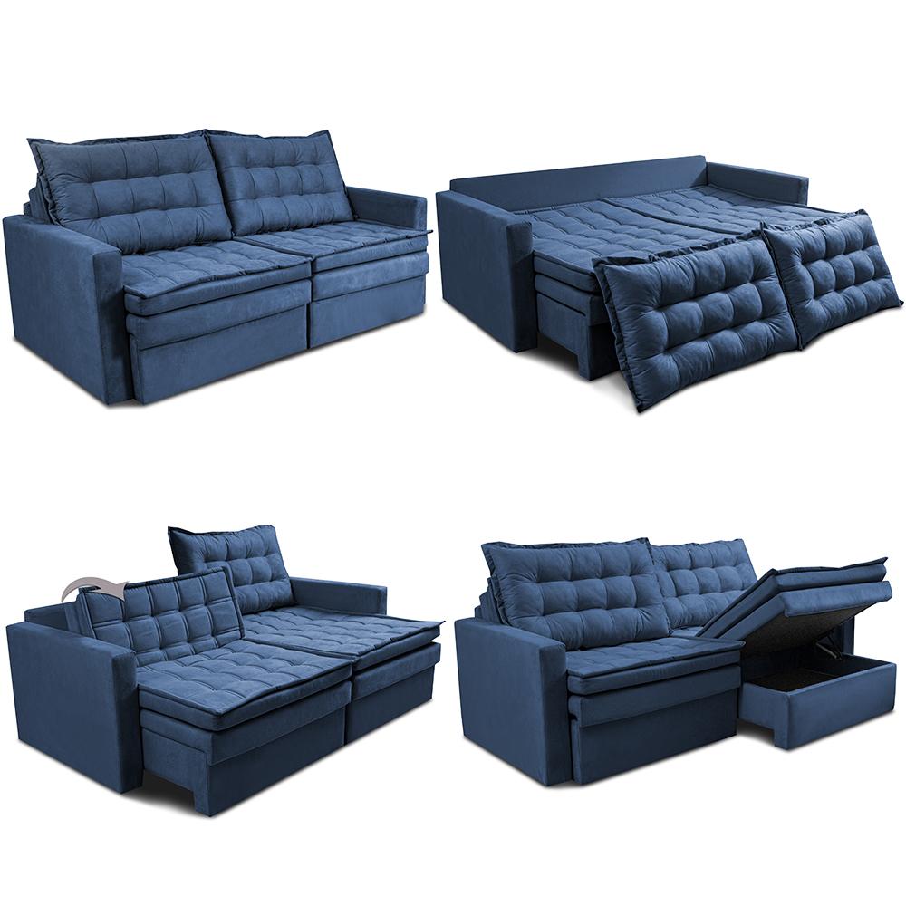 Sofá Sem Caixa Retrátil Baú 2,00m Cama inBox Secret Suede Velusoft Azul 