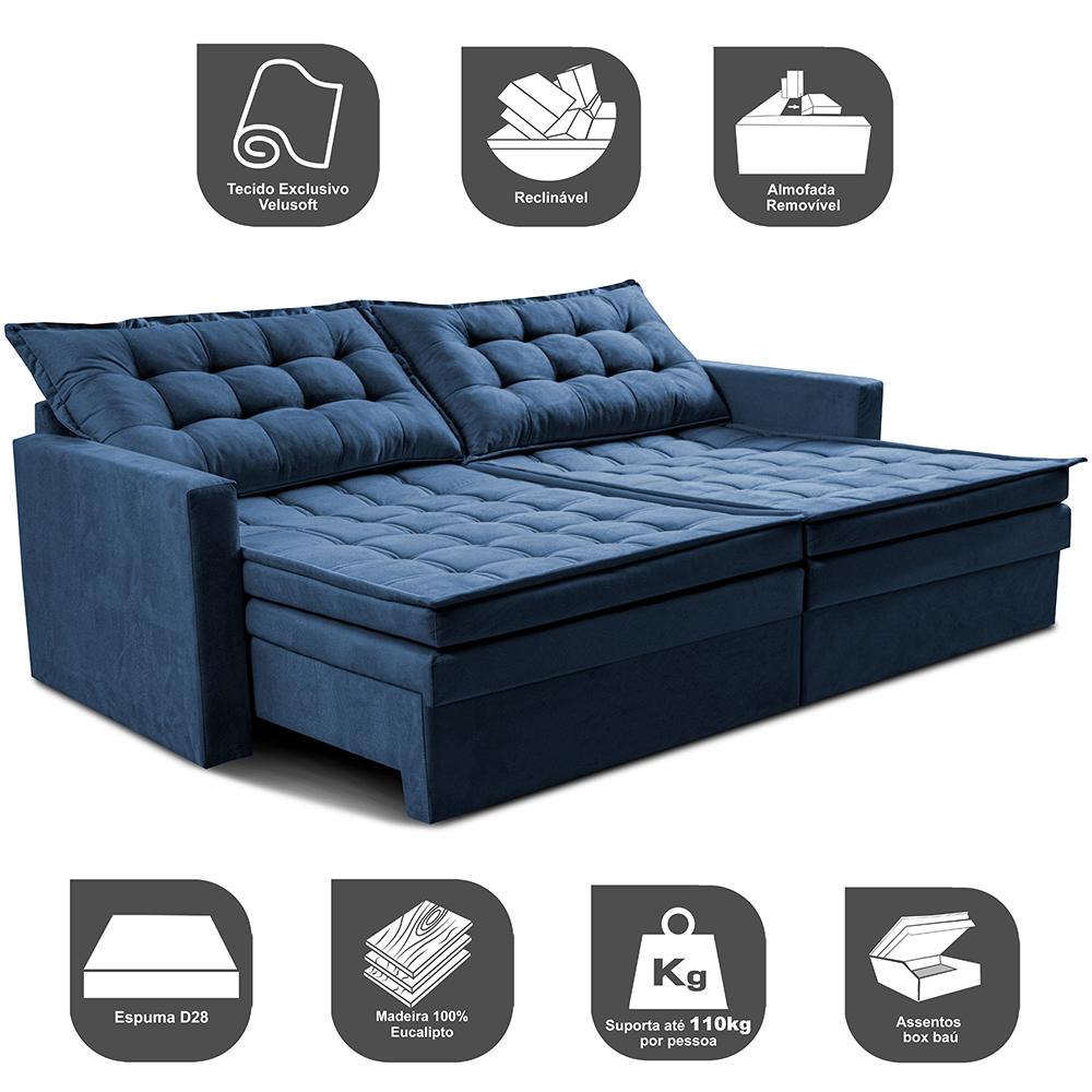 Sofá Sem Caixa Retrátil Baú 2,00m Cama inBox Secret Suede Velusoft Azul 