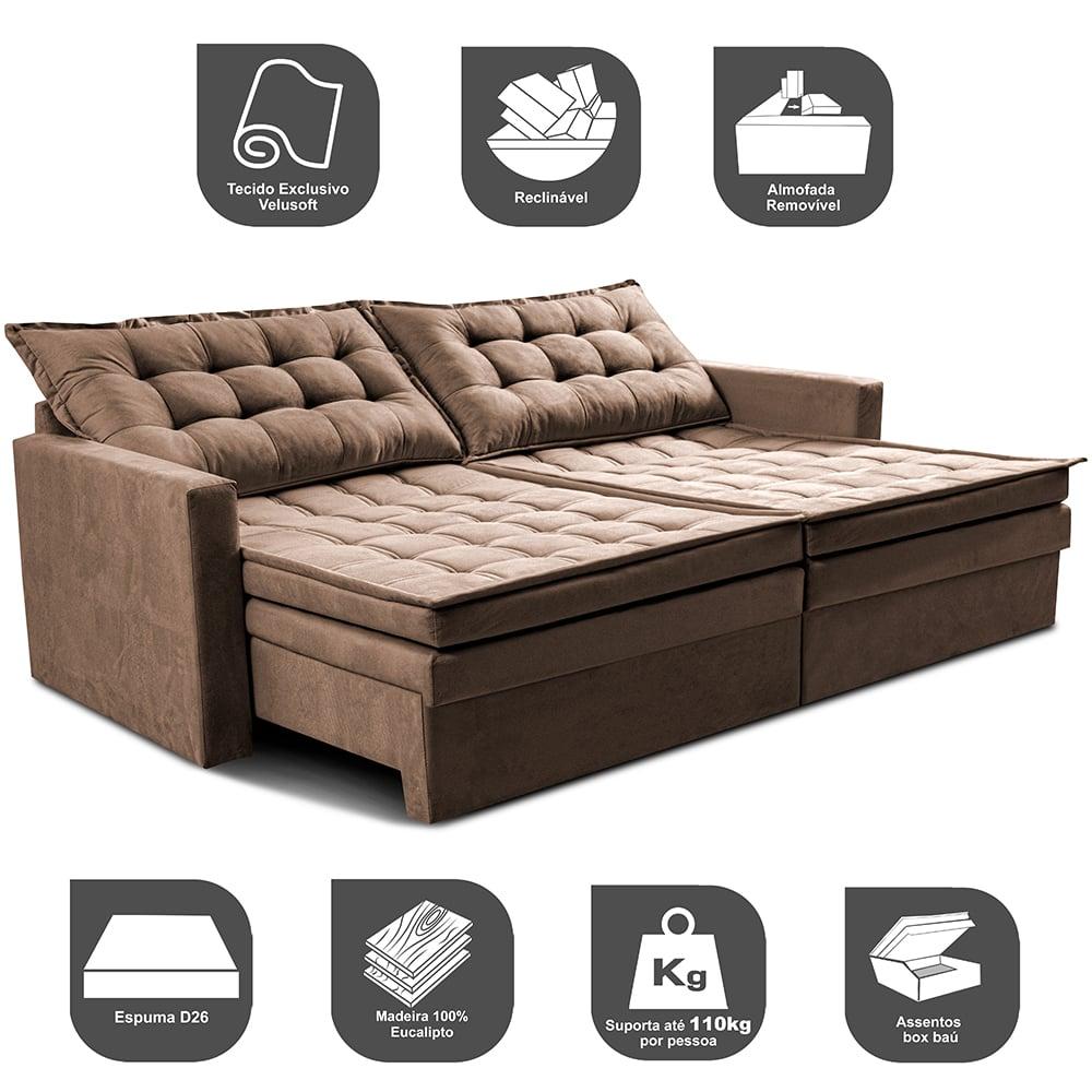 Sofá Sem Caixa Retrátil Baú 2,00m Cama inBox Secret Suede Velusoft Castor 