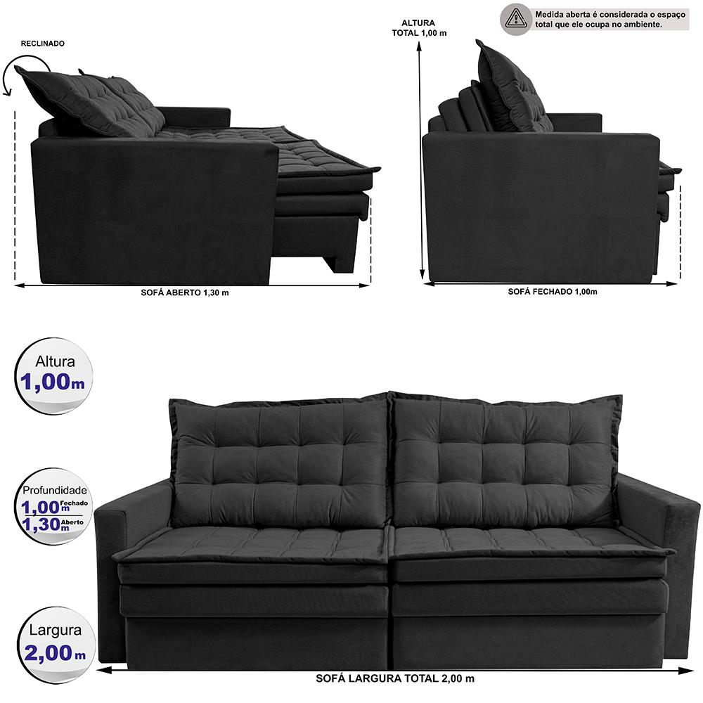 Sofá Sem Caixa Retrátil Baú 2,00m Cama inBox Secret Suede Velusoft Preto 