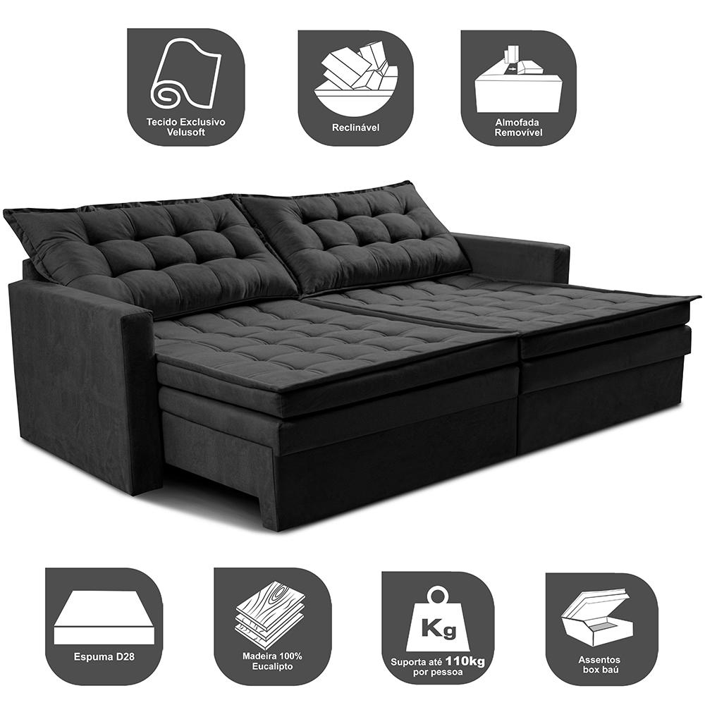 Sofá Sem Caixa Retrátil Baú 2,00m Cama inBox Secret Suede Velusoft Preto 