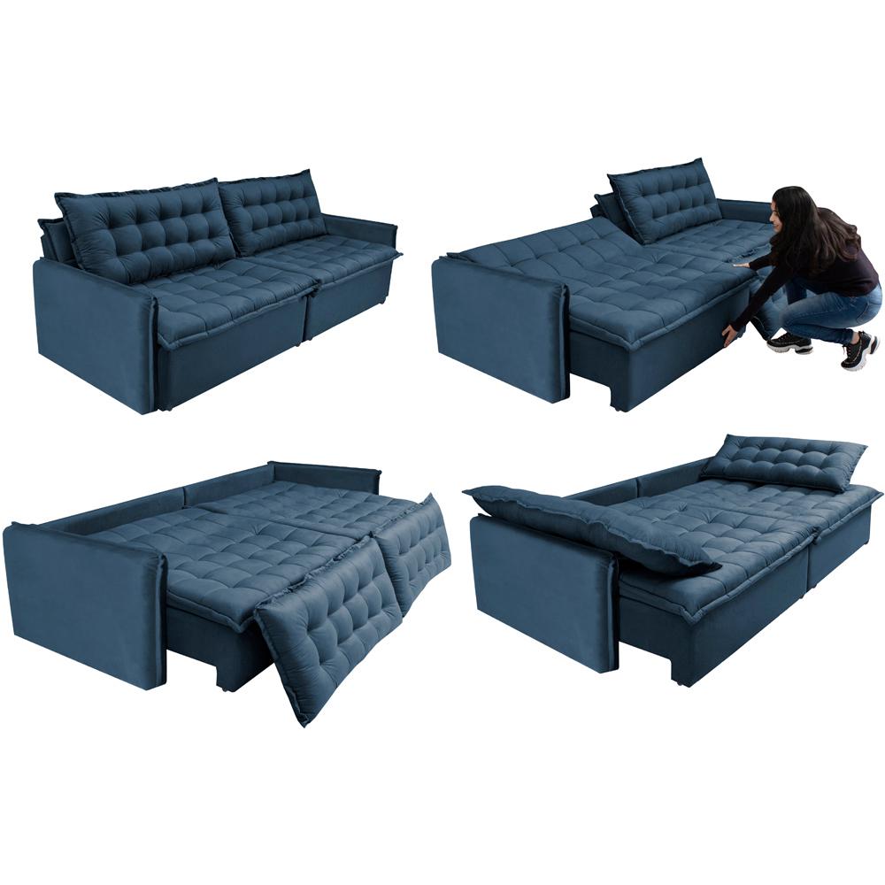 Sofá Sem Caixa Retrátil Reclinável 2,15m Cama inBox Versátil com Pillow Top e Molas Velusoft Azul