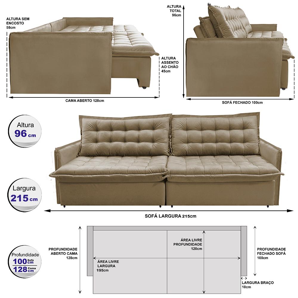 Sofá Sem Caixa Retrátil Reclinável 2,15m Cama inBox Versátil com Pillow Top e Molas Velusoft Bege