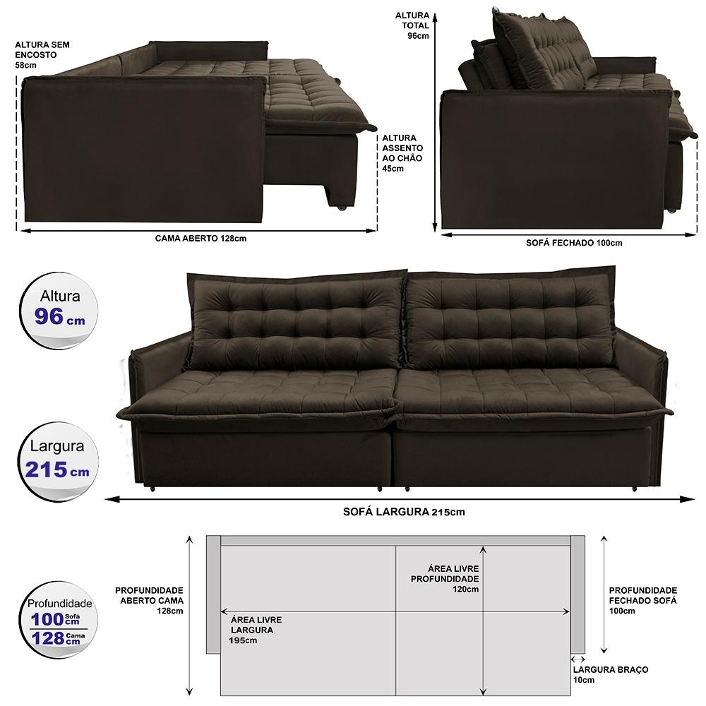 Sofá Sem Caixa Retrátil Reclinável 2,15m Cama inBox Versátil com Pillow Top e Molas Velusoft Café
