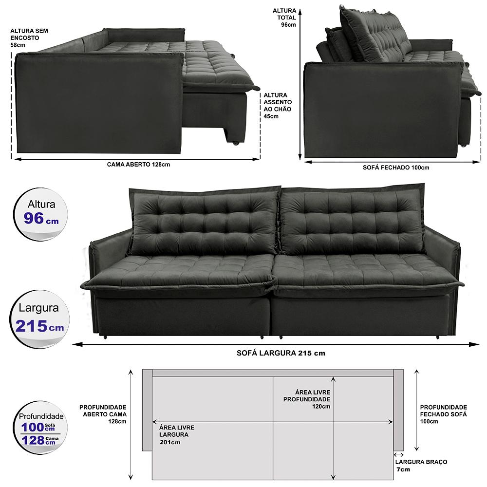 Sofá Sem Caixa Retrátil Reclinável 2,15m Cama inBox Versátil com Pillow Top e Molas Velusoft Cinza