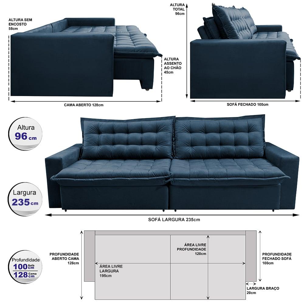 Sofá Sem Caixa Retrátil Reclinável 2,35m Cama inBox França Velusoft Azul