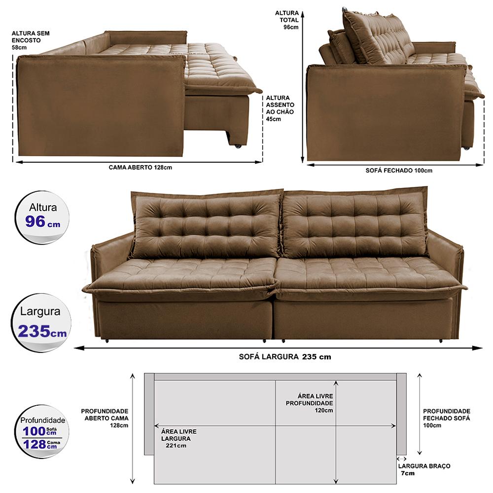 Sofá Sem Caixa Retrátil Reclinável 2,35m Cama inBox Versátil com Pillow Top e Molas Velusoft Castor