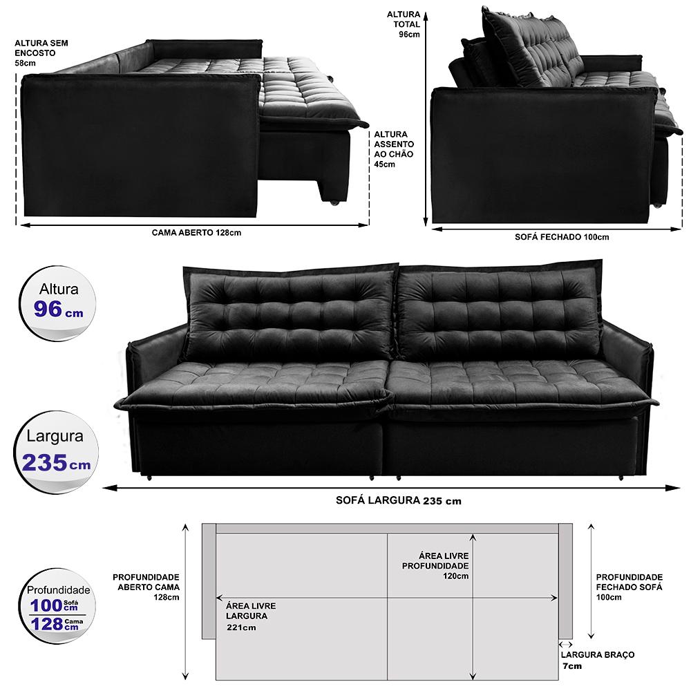 Sofá Sem Caixa Retrátil Reclinável 2,35m Cama inBox Versátil com Pillow Top e Molas Velusoft Preto