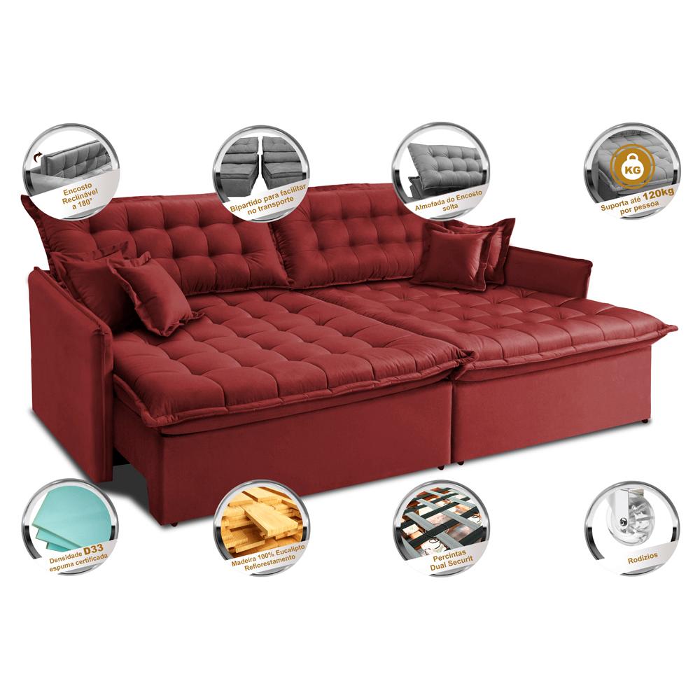 Sofá Sem Caixa Retrátil Reclinável 2,35m Cama inBox Versátil com Pillow Top e Molas Velusoft Vermelho