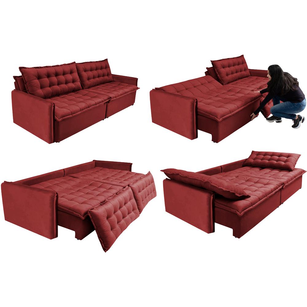 Sofá Sem Caixa Retrátil Reclinável 2,35m Cama inBox Versátil com Pillow Top e Molas Velusoft Vermelho