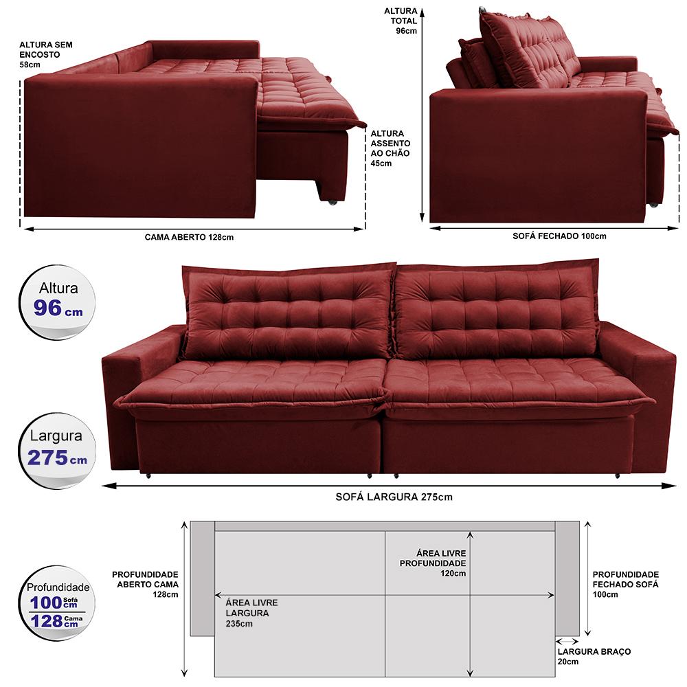 Sofá Sem Caixa Retrátil Reclinável 2,75m Cama inBox França Velusoft Vermelho