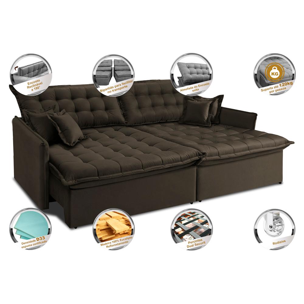 Sofá Sem Caixa Retrátil Reclinável 2,75m Cama inBox Versátil com Pillow Top e Molas Velusoft Café