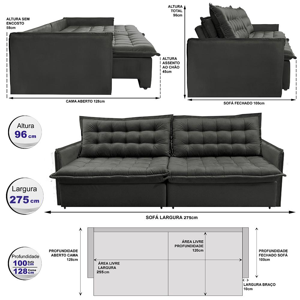 Sofá Sem Caixa Retrátil Reclinável 2,75m Cama inBox Versátil com Pillow Top e Molas Velusoft Cinza