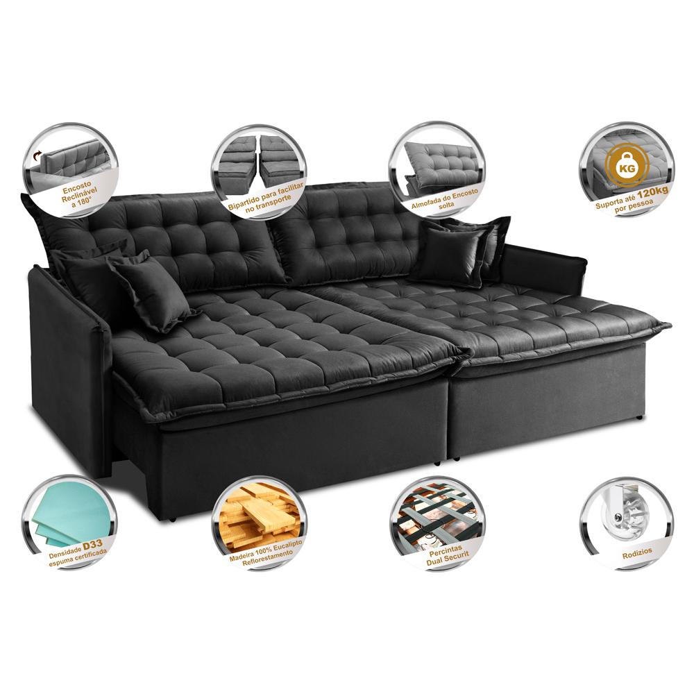 Sofá Sem Caixa Retrátil Reclinável 2,75m Cama inBox Versátil com Pillow Top e Molas Velusoft Preto
