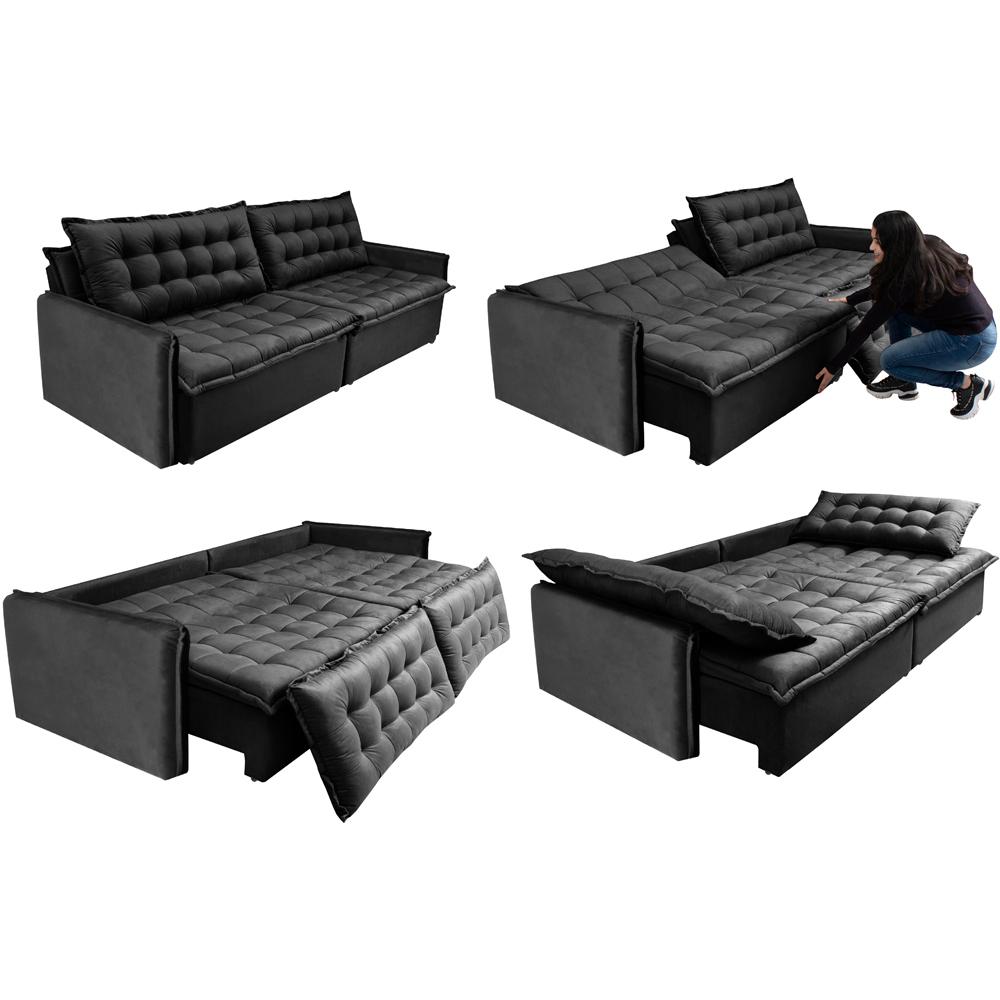Sofá Sem Caixa Retrátil Reclinável 2,75m Cama inBox Versátil com Pillow Top e Molas Velusoft Preto