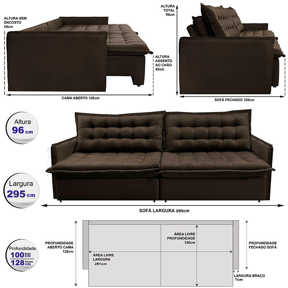 Sofá Sem Caixa Retrátil Reclinável 2,95m Cama inBox Versátil com Pillow Top e Molas Velusoft Café