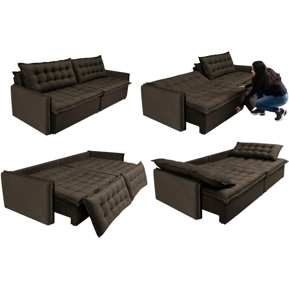 Sofá Sem Caixa Retrátil Reclinável 2,95m Cama inBox Versátil com Pillow Top e Molas Velusoft Café