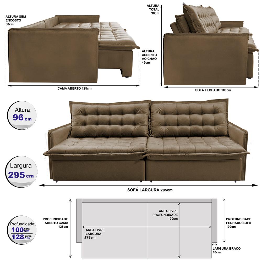 Sofá Sem Caixa Retrátil Reclinável 2,95m Cama inBox Versátil com Pillow Top e Molas Velusoft Castor